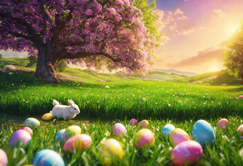 Christian Easter spring landscape. Easter bunny and colorful holiday eggs in green grass on a spring sunny lawn.