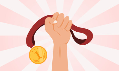 Hand holding a gold medal. Winner concept. Vector illustration.