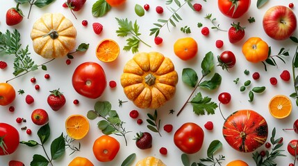 Flat Lay of Fresh Fruits, Vegetables, and Leaves on White Background