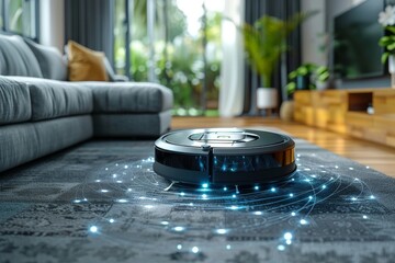 An autonomous robotic vacuum cleaner glides over a textured carpet within a chic and stylishly furnished living room, showcasing smart home technology