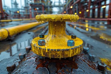 A detailed close-up of a vibrant yellow industrial valve with dripping water on a metallic pipeline, showing texture and weathering