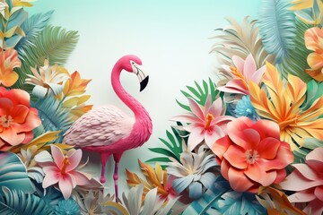 A pink flamingo on a colorful background with tropical flowers and leaves, 3d illustration