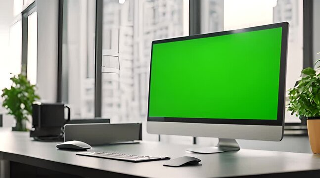 Empty Business Office: Green Screen Computer Close-Up with Isolated Template and Mock-Up Background for Chroma Key, Copy Space App Display