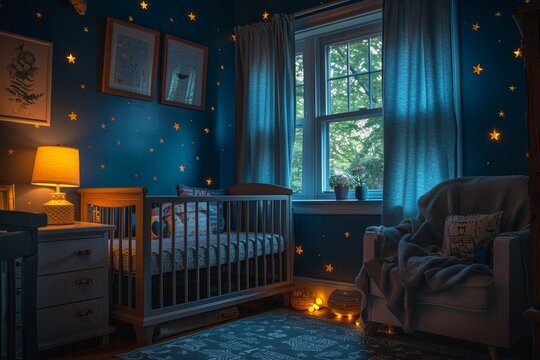 This image portrays a soothing blue nursery room with star decorations and a picturesque window view, inviting and serene