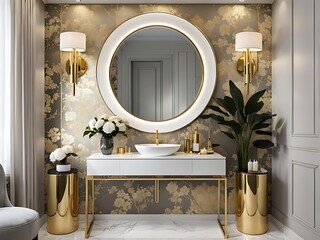  A chic and glamorous powder room design with a statement wallpaper design, a decorative vanity, and gold accents for a touch of luxury design. 