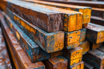 Close-up of stacked rusty steel bars with textures and patterns, showing signs of corrosion and...