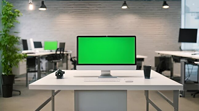 Green Screen Computer in Empty Business Office: Isolated Template with Chroma Key, Mock-Up Background, and Copy Space App Display