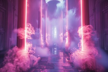 Dreamlike corridor surrounded by majestic pink neon lights and ethereal cloud formations, evoking a sense of wonder