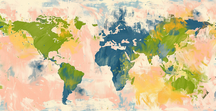 Artistic World Map: Pastel Brushstrokes Depicting Global Continents for Creative Geography and Elegant Wall Art