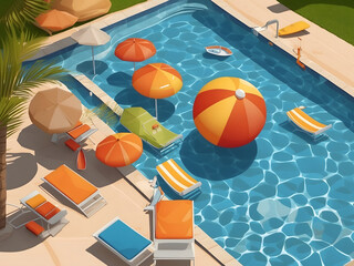 Summer-time vector design. It's summertime text with floating elements like floaters, beach balls, and surfboards in the background design of the swimming pool for summer vacation. Vector illustration
