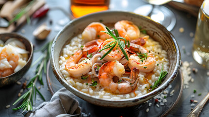A plate of shrimp and rice with parsley on top