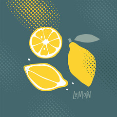 Yellow Lemon fruit print in Printmaking style. Abstract natural poster in pastel colors with raster texture effect. Hand-drawn citrus For poster, banner, cover, social networks, postcards, printing
