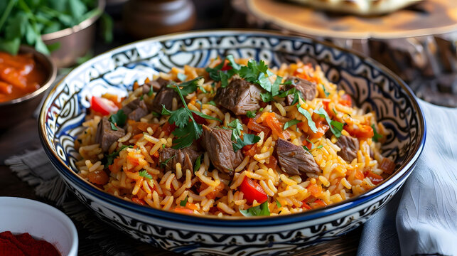 A bowl of rice with meat and vegetables