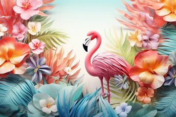 A pink flamingo and tropical flowers and leaves, 3d background with copy space