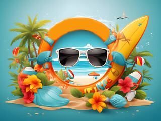 Summer-time vector banner design. It's summer-time text with beach elements like a surfboard, lifebuoy, sunglasses in the sea, and a sand background design.