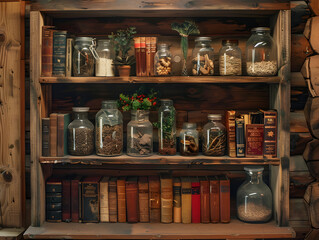 A wooden shelf filled with old books, jars, and containers.