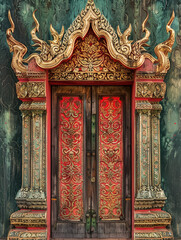 Fototapeta na wymiar Intricate red Thai colourful Temple Doorway with Ornate Details
