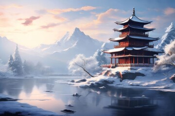 Beautiful winter landscape with an old pagoda in Asian style. - obrazy, fototapety, plakaty