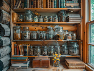 A wooden shelf filled with old books, jars, and containers.