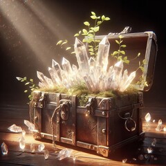 Enchanted treasure chest overflowing with glowing crystals, nestled in lush moss under radiant light rays