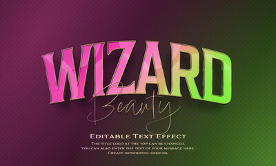 ”Wizard Beauty” Editable title logo text style effect in purple, pink and light green gradation thin golden border, sans serif typeface
 - obrazy, fototapety, plakaty