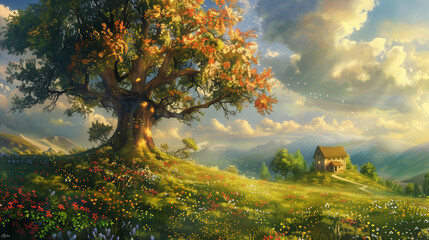 Fantasy medieval magical landscape with giant tree and mountain