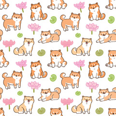 Seamless Pattern of Cartoon Shiba Inu Dog and Lotus Flower Design on White Background