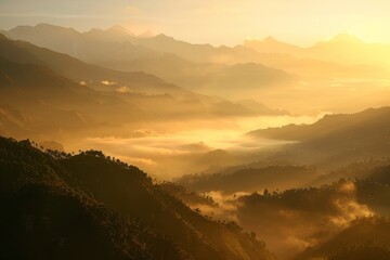 A majestic mountain range bathed in the golden light of sunrise, mist swirling in the valleys below