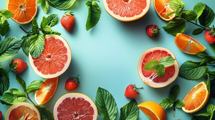 Fresh Citrus Fruits and Strawberries with Mint Leaves on Blue Background - obrazy, fototapety, plakaty