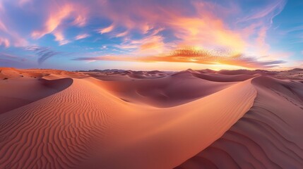 A panorama of a desert landscape at sunset, with rolling sand dunes casting long shadows and the sky ablaze with color