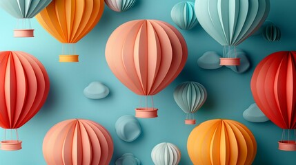 Colorful Hot Air Balloons Illustration with Clouds on Teal Background