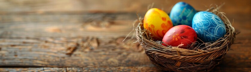 Brightly painted eggs in a woven basket on a clean, simple background, symbolizing family Easter egg hunt, room for message