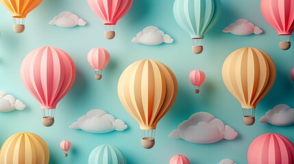 Colorful Hot Air Balloons and Clouds on Turquoise Background