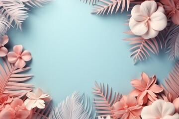 A blue background with pink tropical, 3d flowers and leaves