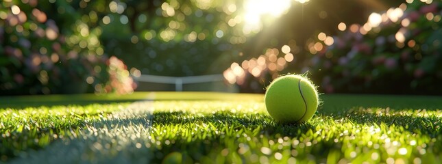 Vibrant tennis ball on a grass court, highlighted by the early morning sun, with a serene sunrise in the background.