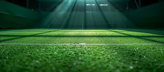 Close-up of freshly cut grass tennis court, tennis court at dawn, major tennis club tournament - obrazy, fototapety, plakaty