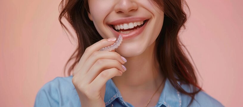 Woman holds in her hand removable invisible transparent aligners, and smiles.
