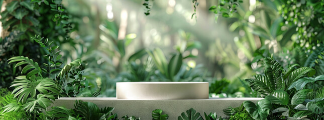 Cosmetic display podium amidst a lush 3D forest scene, green and white plant elegance