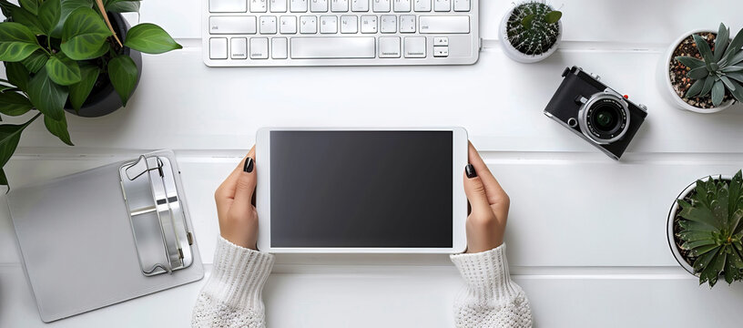 Top view of woman hands holding smart phone, laptop with blank copy space screen for your text message or information content. woman hand using phone white screen on top view