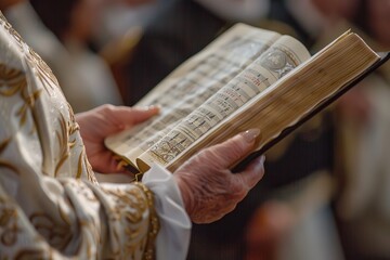 Close-up of hands holding a hymnal during Easter service, with a simple, isolated background for text, clear and focused