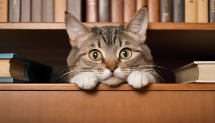 A-Cat-Peeking-Out-From-A-Stack-Of-Books-On-A-Shelf-