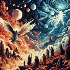 Fantasy Cosmic Landscape: Celestial Bodies Illuminating Mystical Nature and Flying Birds Artwork