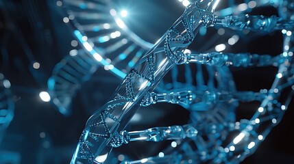 Synthetic DNA spirals, lifes blueprint illuminated, pristine lab, dawn of new genetics - obrazy, fototapety, plakaty