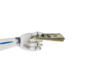 robot hand giving dollar banknotes isolated on white