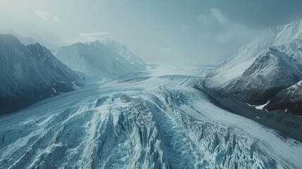 A vast glacier snaking between mountains, crevasses and ice formations in sharp detail, panoramic format