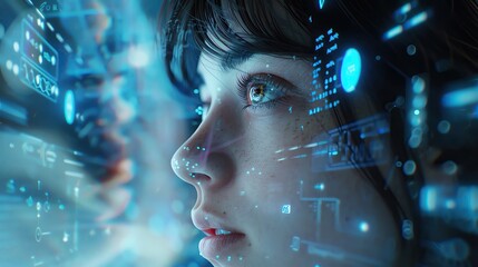 Close up, realistic, portrait of a student engaged in online learning, surrounded by digital interfaces and virtual reality tools that represent the revolutionary change in educational technology - obrazy, fototapety, plakaty