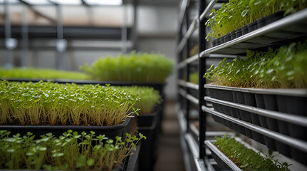 Vertical racks of young microgreens in pots at hydroponic city farms.generative.ai - obrazy, fototapety, plakaty