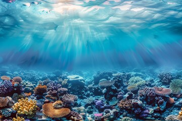 Fototapeta na wymiar A vibrant coral reef teeming with colorful fish, sunlight dappling through the crystal-clear water