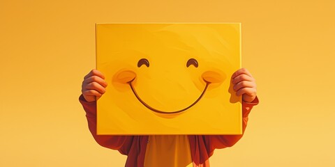 Hand holding yellow paper with a smiley face symbol on a pastel background, a positive concept of good mood and happy customer review