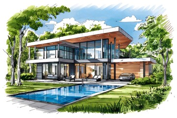 Architectural design project sketch, modern villa concept